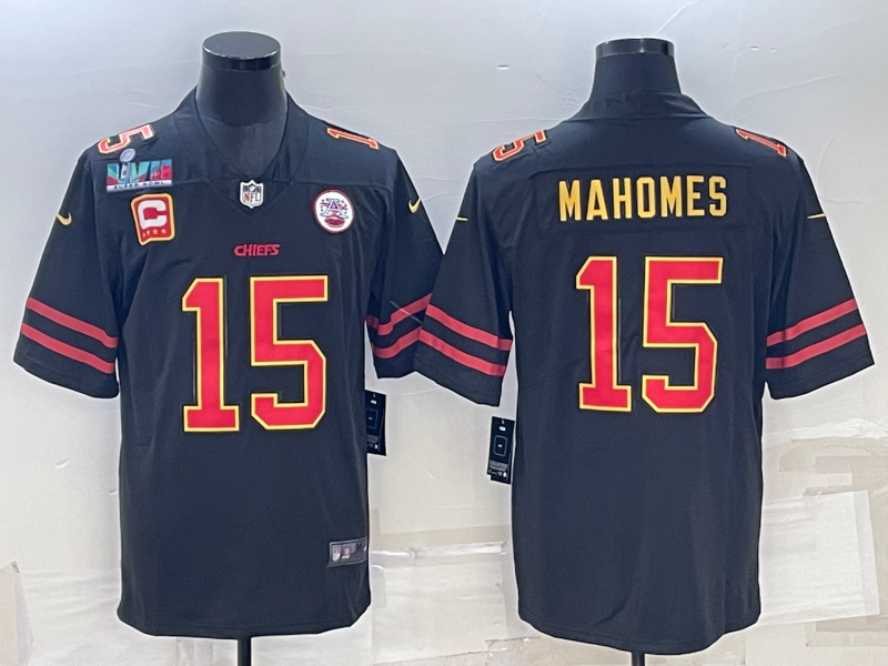 Men’s Kansas City Chiefs #15 Patrick Mahomes Black Red Gold Super Bowl LVII Patch And 4-star C Patch Vapor Untouchable Limited Stitched Jersey